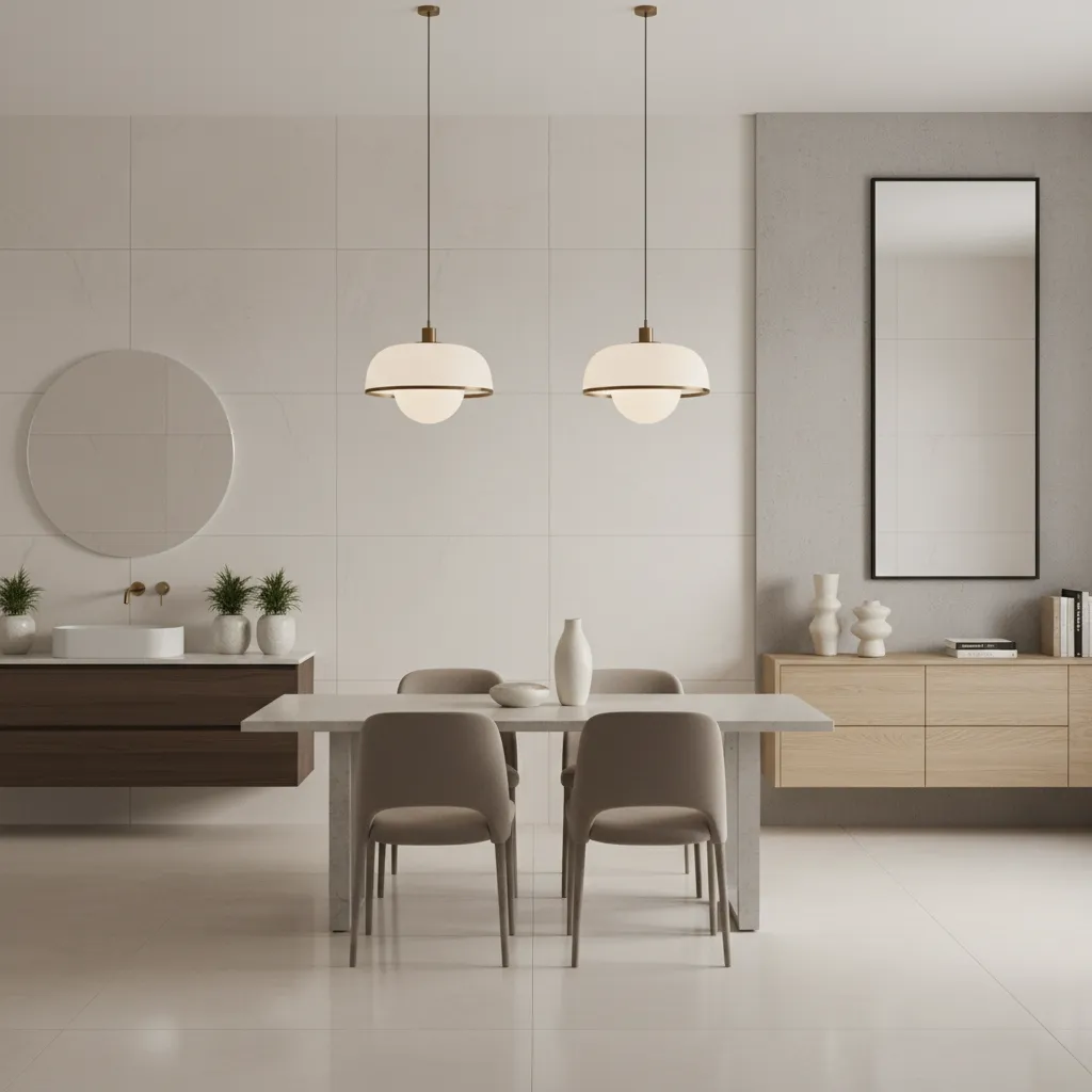 Visual comparison of round and rectangular mirror layouts in dining basin wall