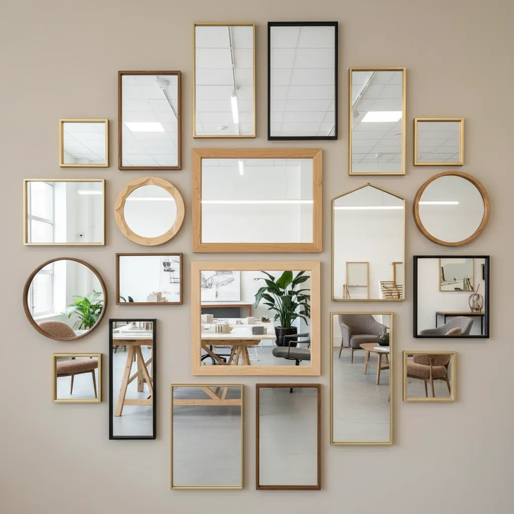 various mirror sizes and frame materials displayed on an interior design wall