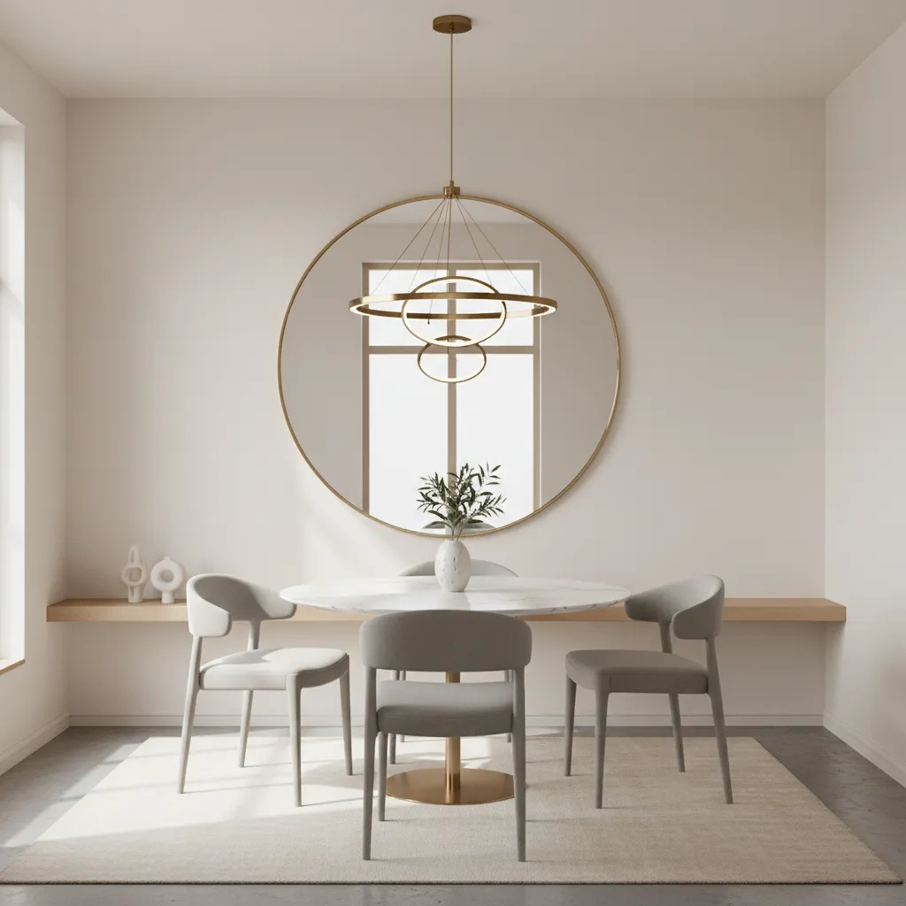 large wall mirror behind dining table making small dining room appear larger