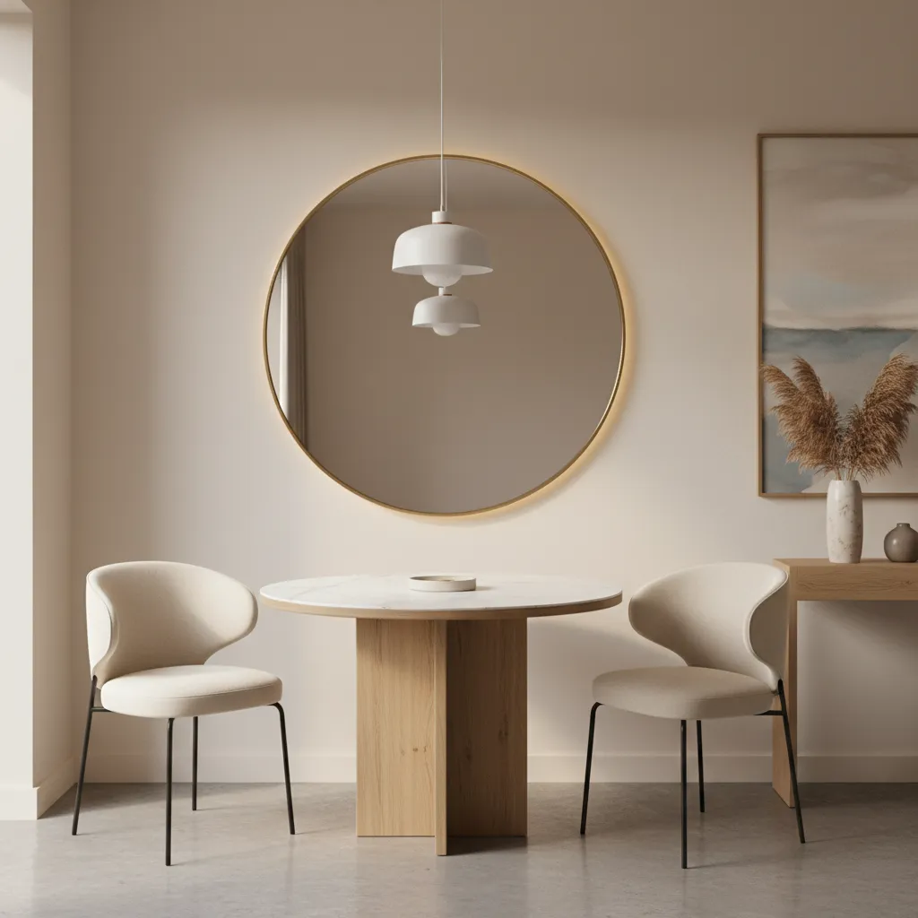 Dining table with wall mirror expanding space visually