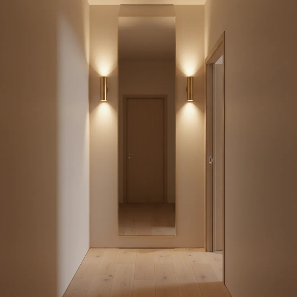 large wall mirror expanding visual space in narrow hallway