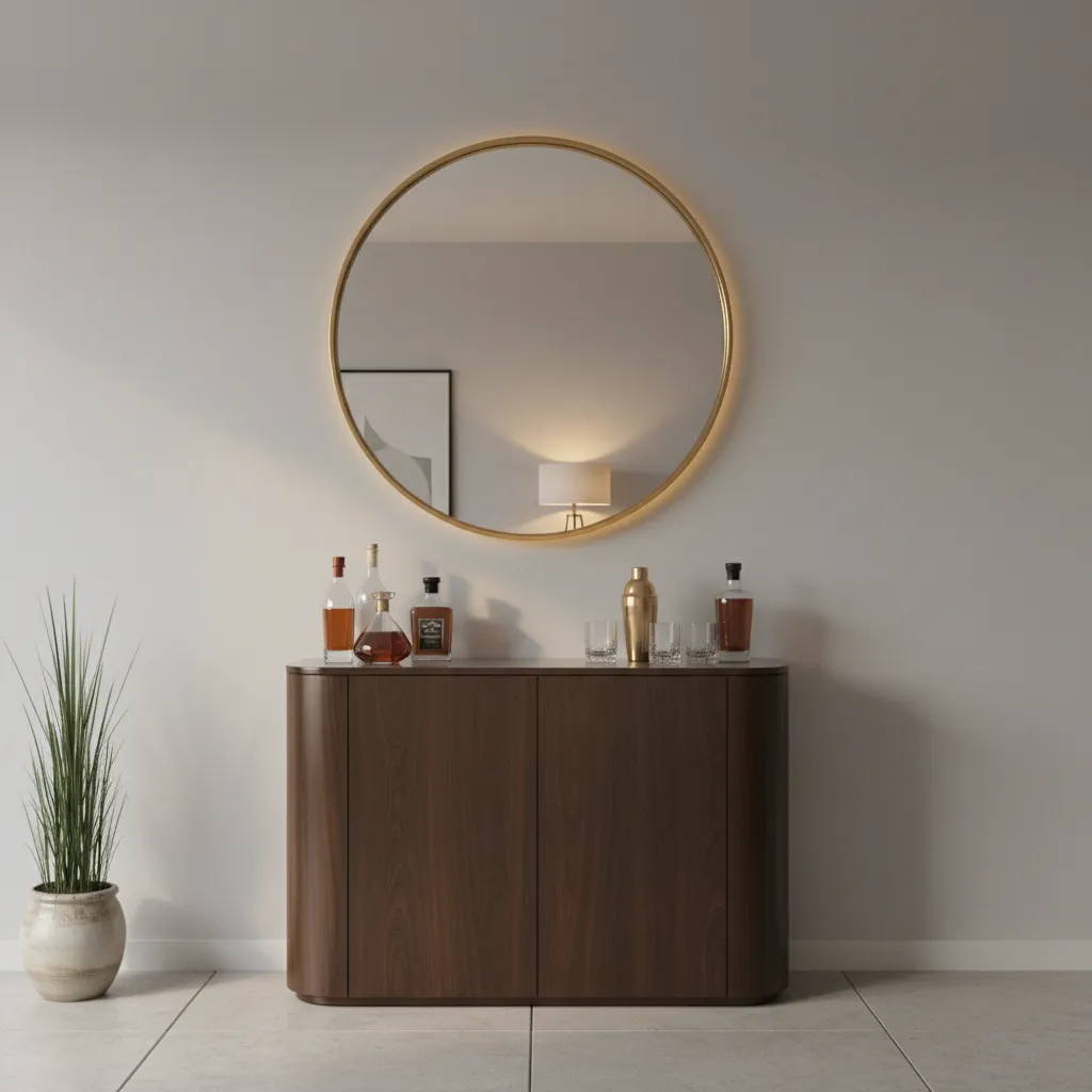 Round mirror reflecting light above a small home bar cabinet