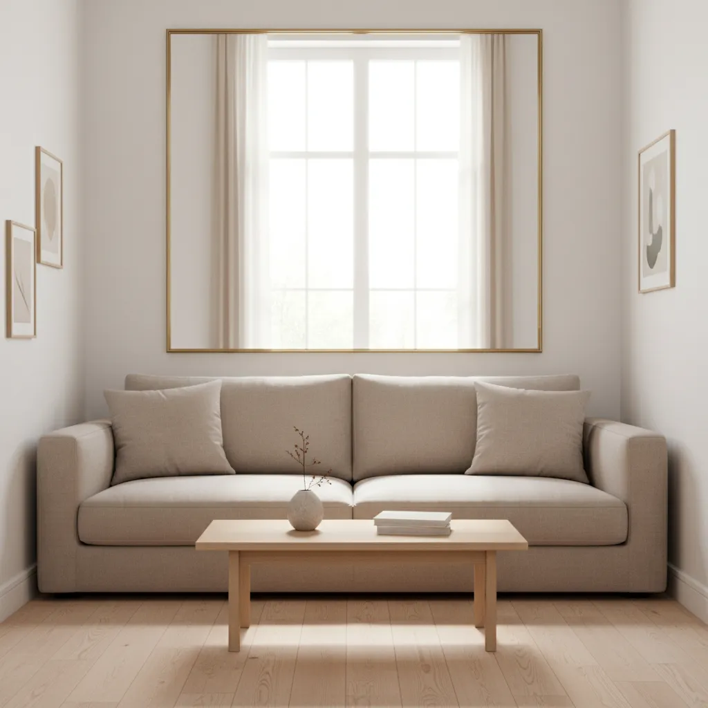 small living room with large wall mirror reflecting natural light