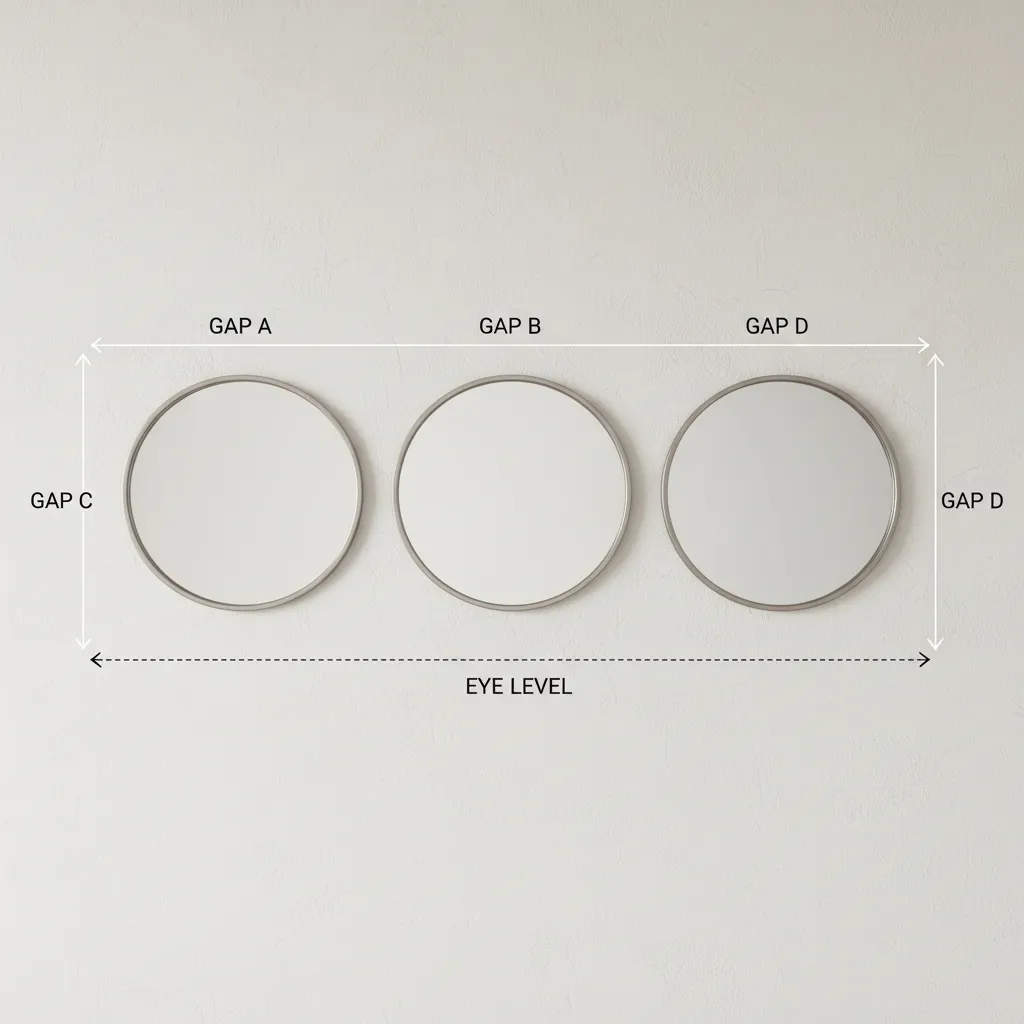 Diagram showing recommended spacing between three round wall mirrors