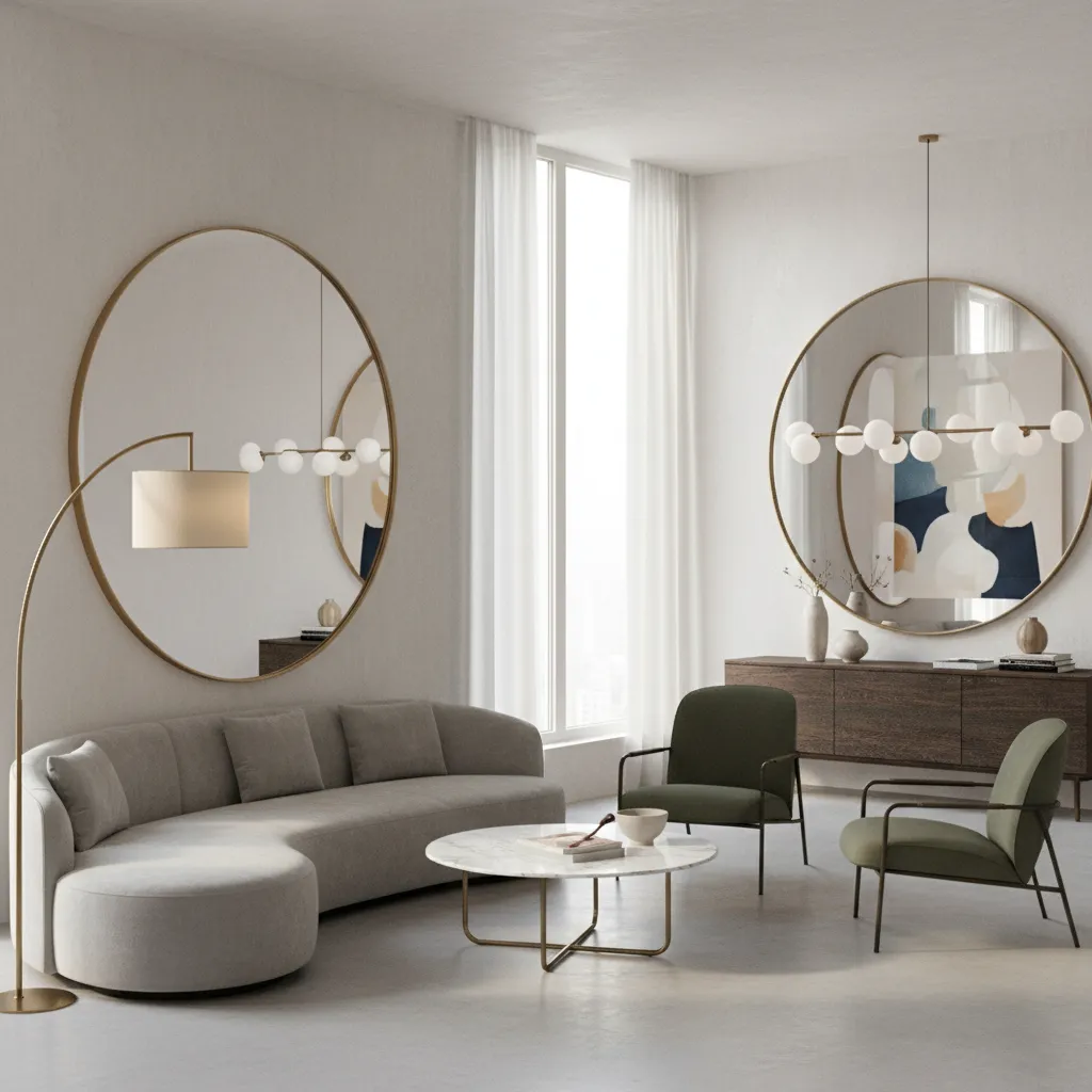 Two wall mirrors placed several feet apart creating layered reflections in a living space