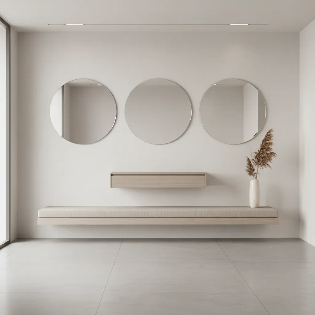 Wall layout showing equal spacing between three round mirrors