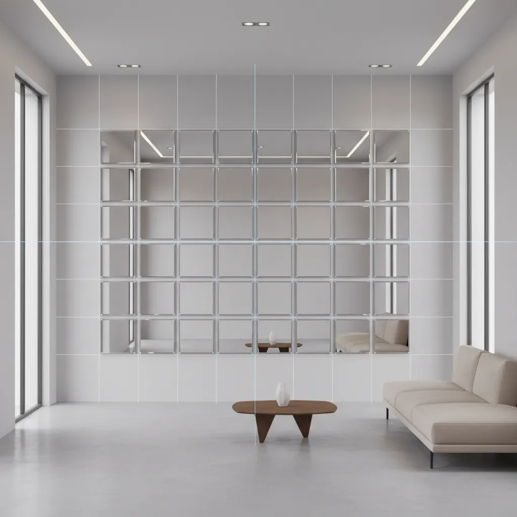 Wall layout showing evenly spaced square mirrors with alignment guides