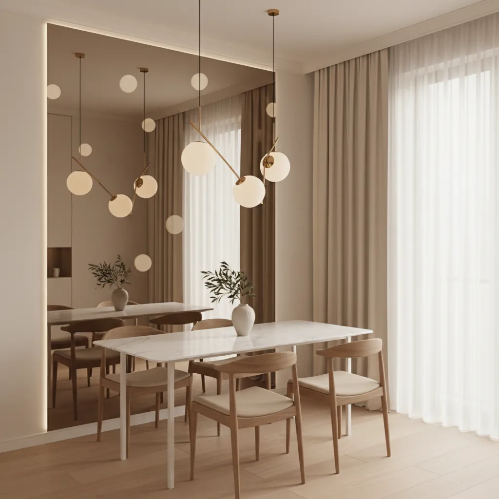 Small dining room with large mirror wall creating visual expansion