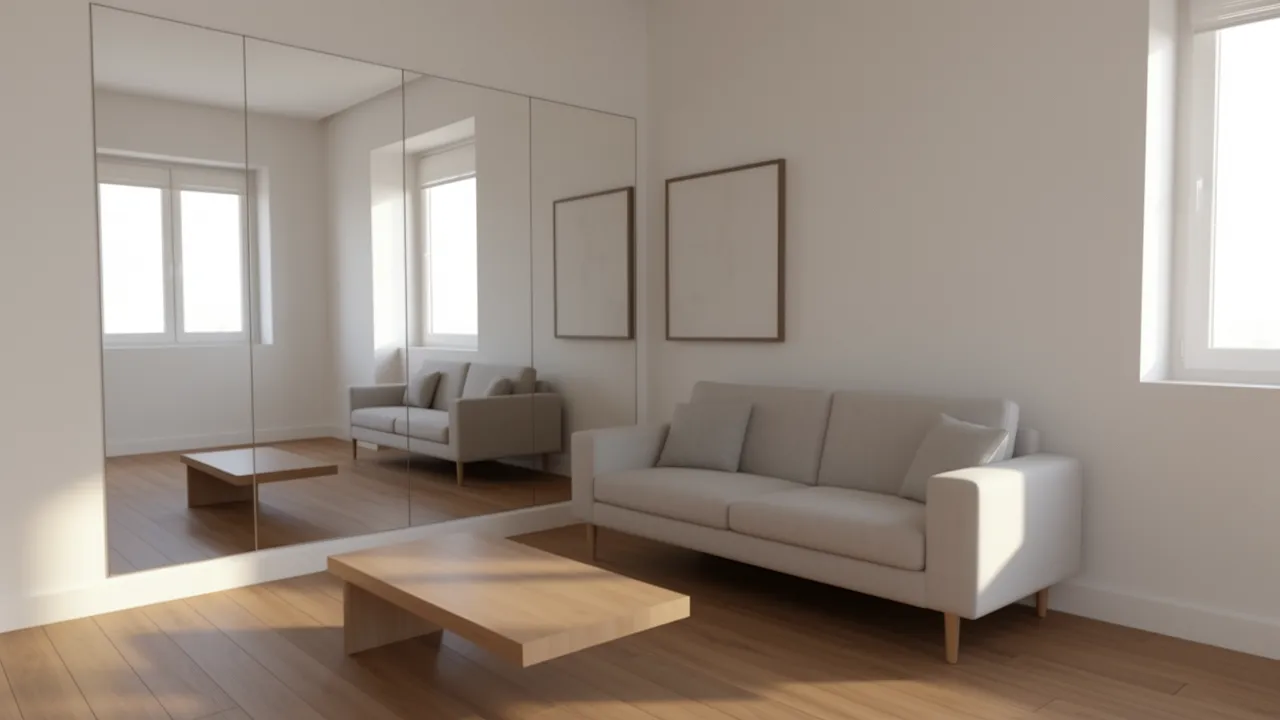 Large wall mirror reflecting light in a small living room hall