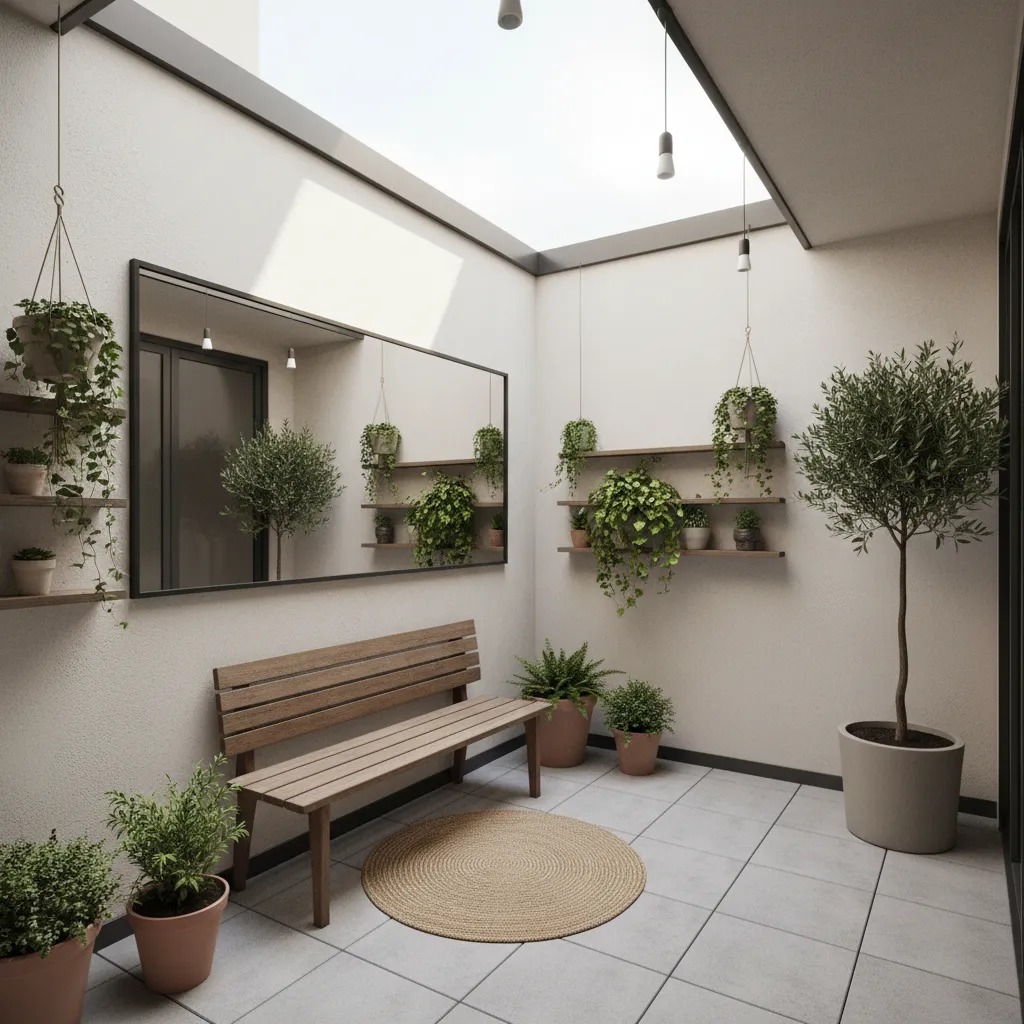 Patio interior pequeño con espejo decorativo que amplía visualmente el espacio