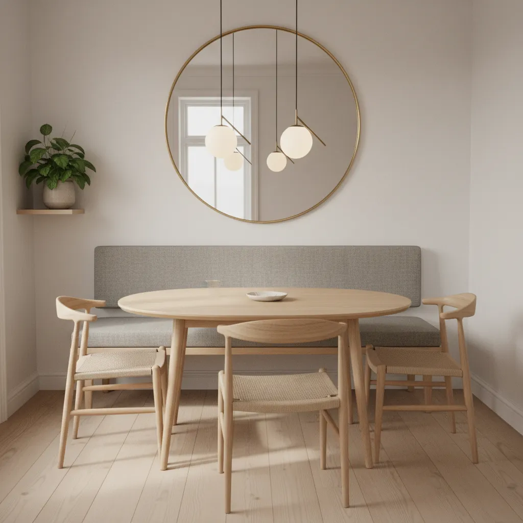Round mirror wall decor reflecting light in a small dining room