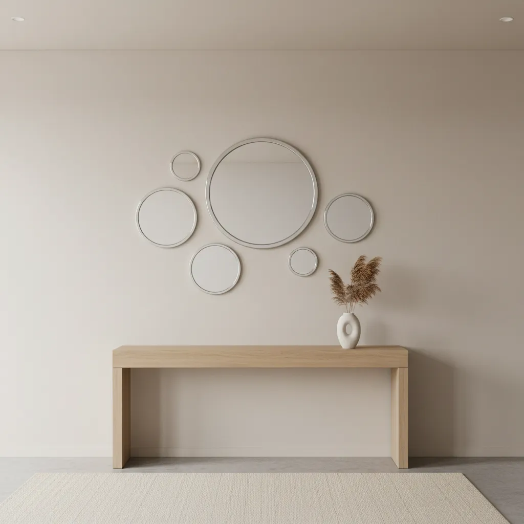 balanced round mirror wall layout with different mirror sizes