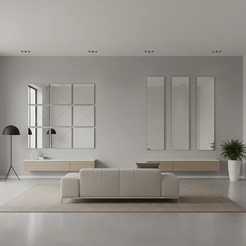 comparison of square mirror grid layout and rectangular mirror linear layout on interior wall