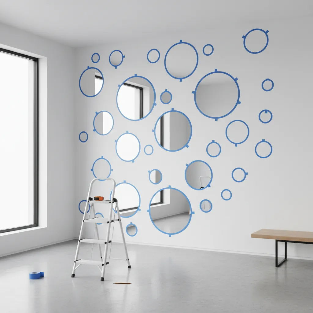 planning round mirror layout with tape outlines on wall before hanging
