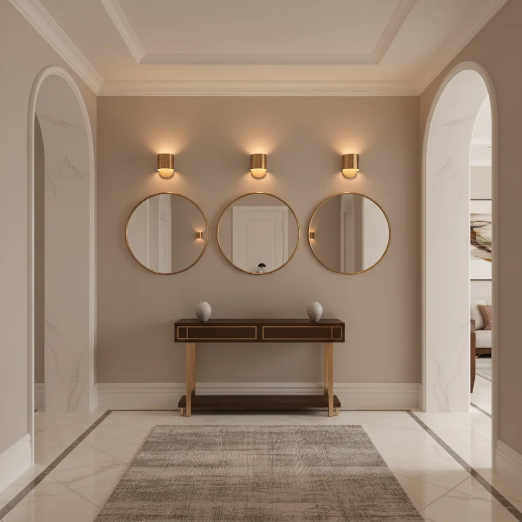 round mirrors paired with wall sconces reflecting warm light in a hallway