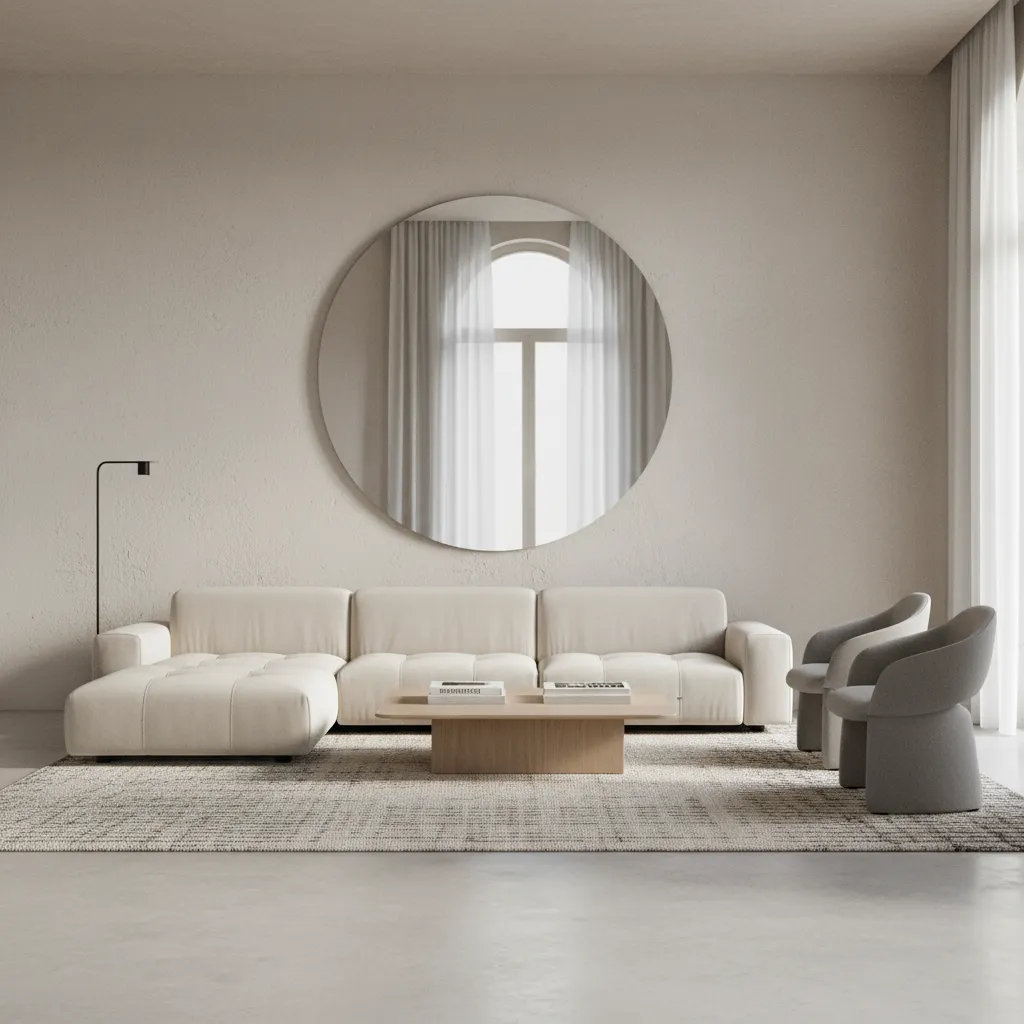 Living room with large decorative wall mirror reflecting natural light
