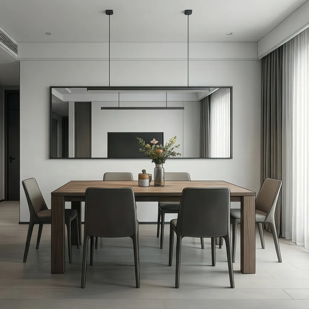 Diagram style dining room showing mirror width proportion relative to dining table