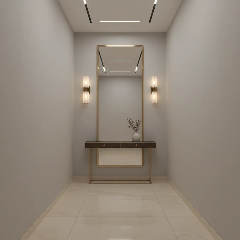 hallway mirror flanked by wall sconces reflecting warm light