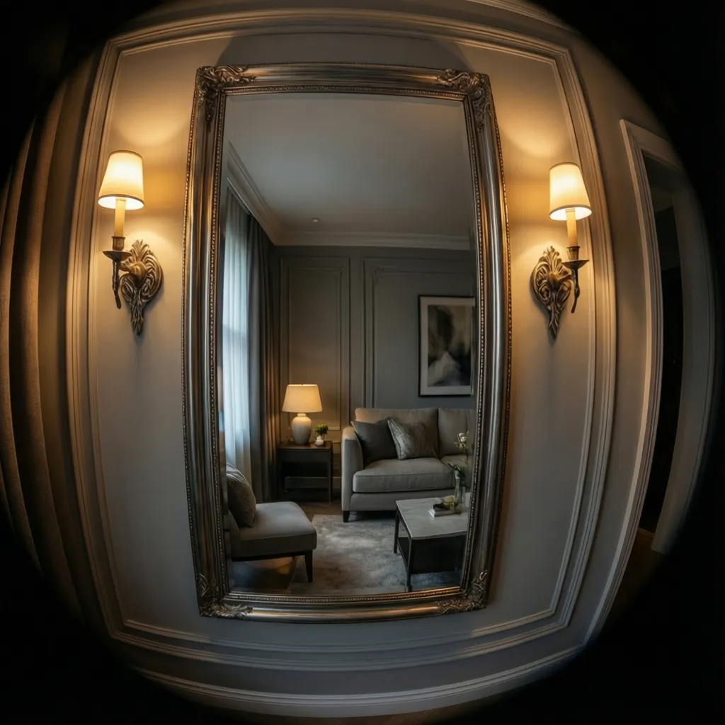 Wall mirror with sconces reflecting warm lighting in a small room