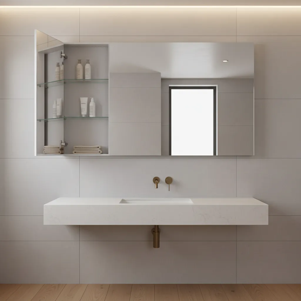 bathroom mirrored cabinet with hidden storage above sink