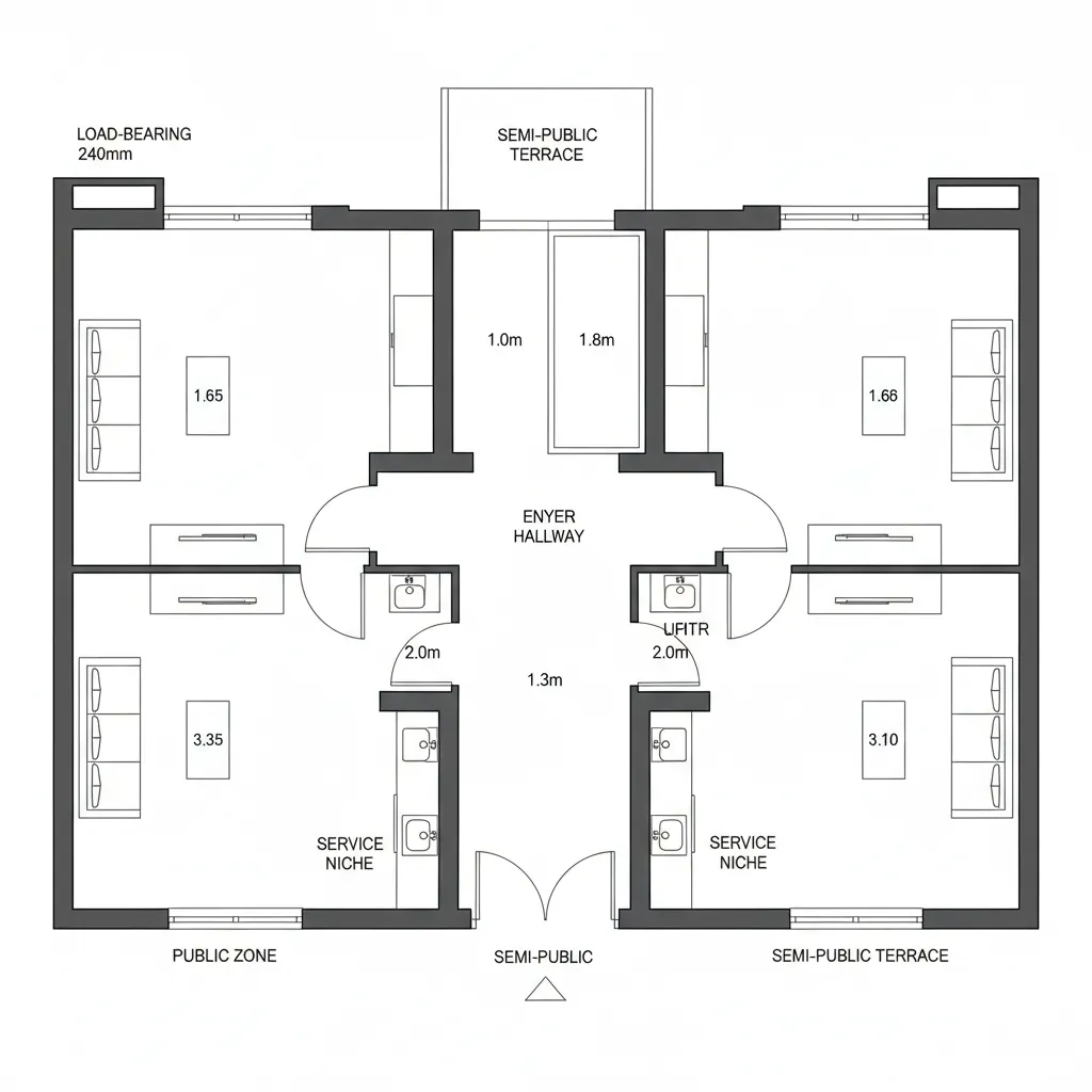 Mirrored Entry Spine with Dual Living Wings