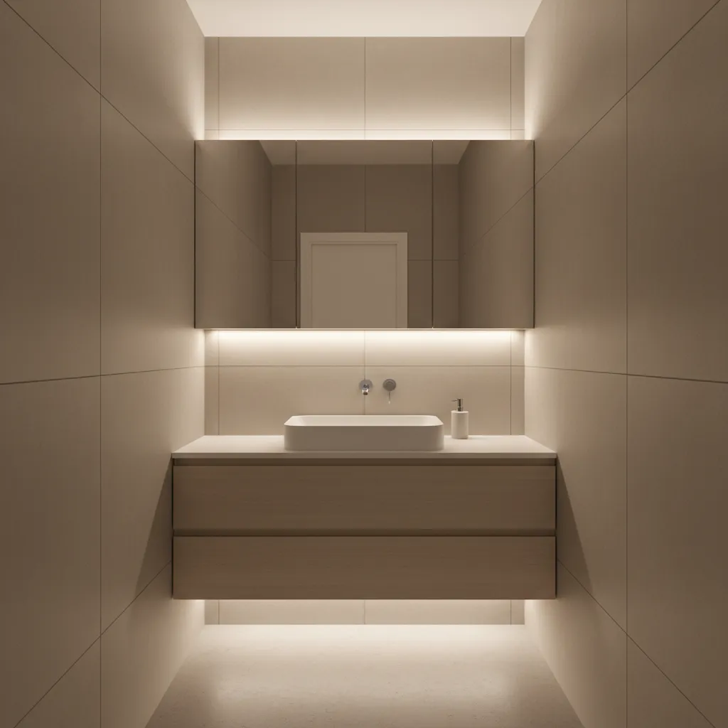 Recessed mirrored medicine cabinet in compact bathroom