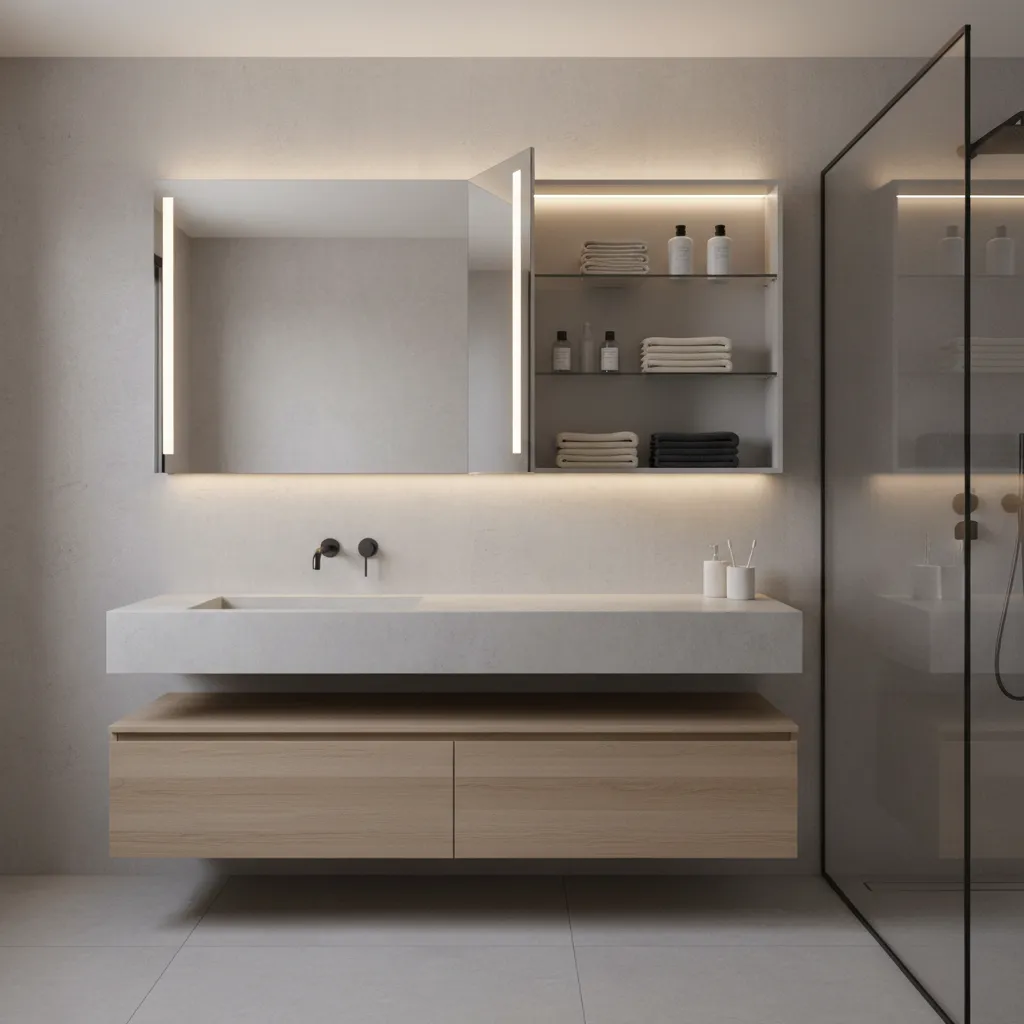 bathroom mirrored cabinet opened showing hidden storage shelves