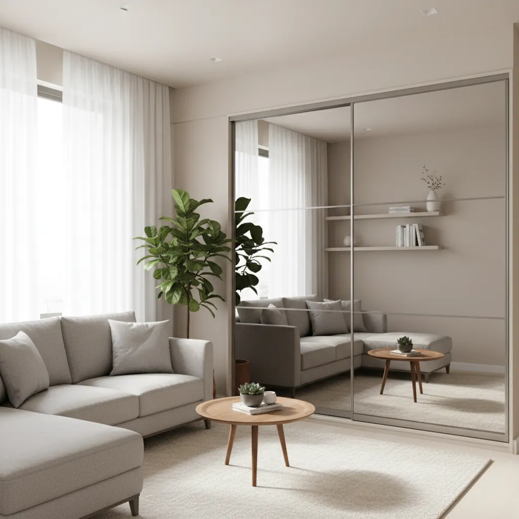 sliding mirror door almirah in a small living room