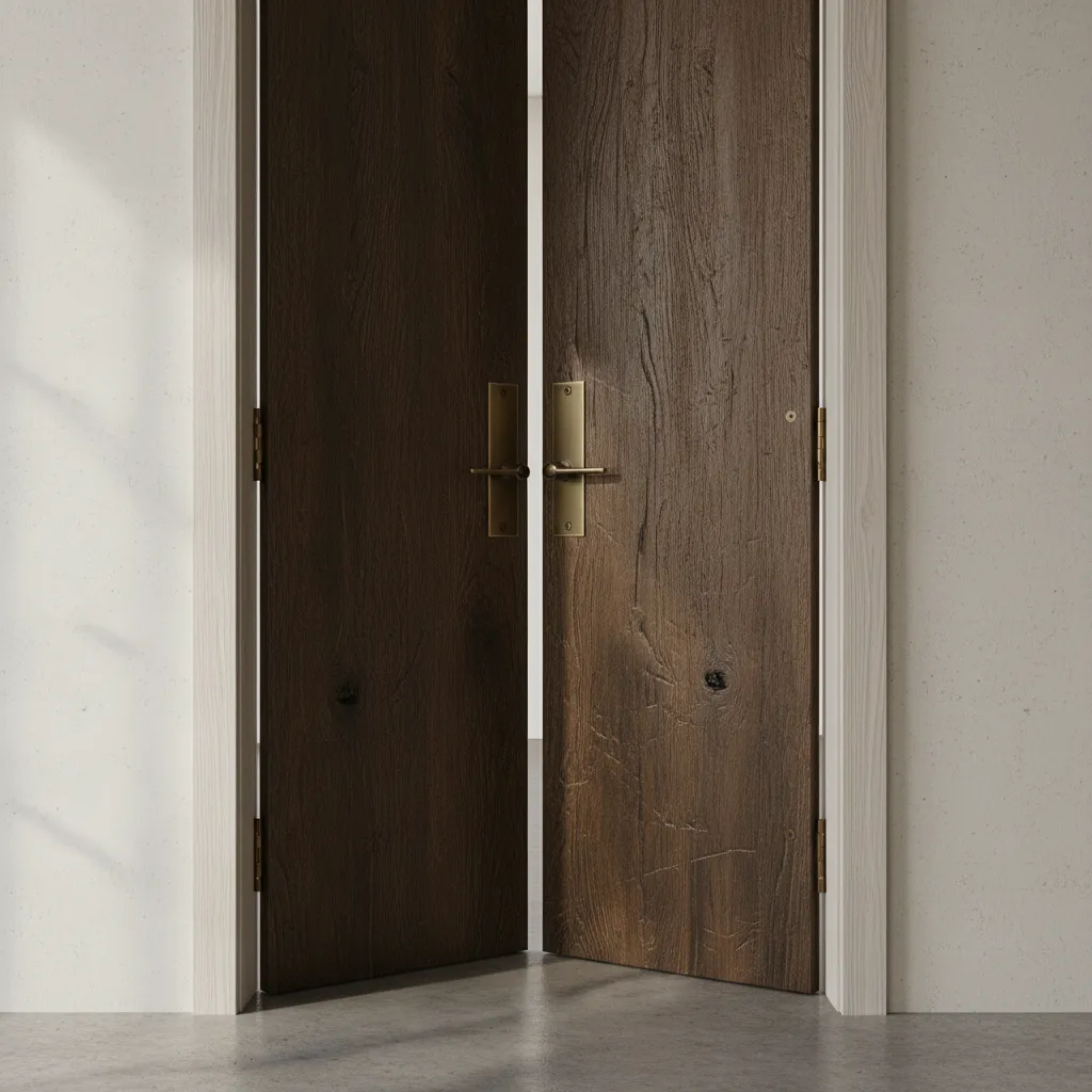 Close view of misaligned double door panels and hinge area causing sticking