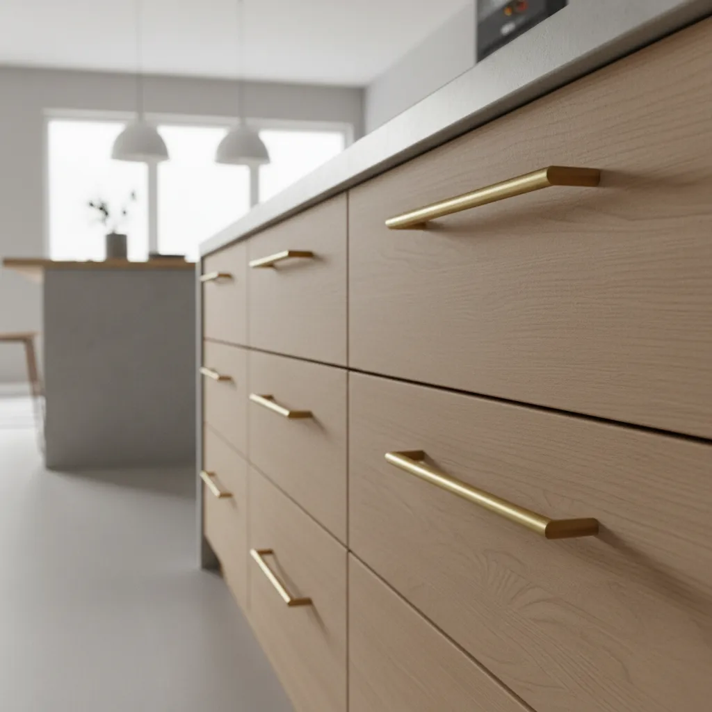 Cabinet drawers showing misaligned edge pull handles