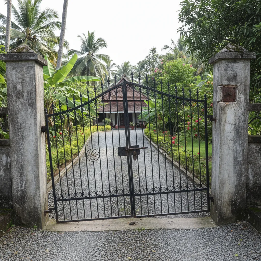 Metal entrance gate slightly misaligned due to pillar movement