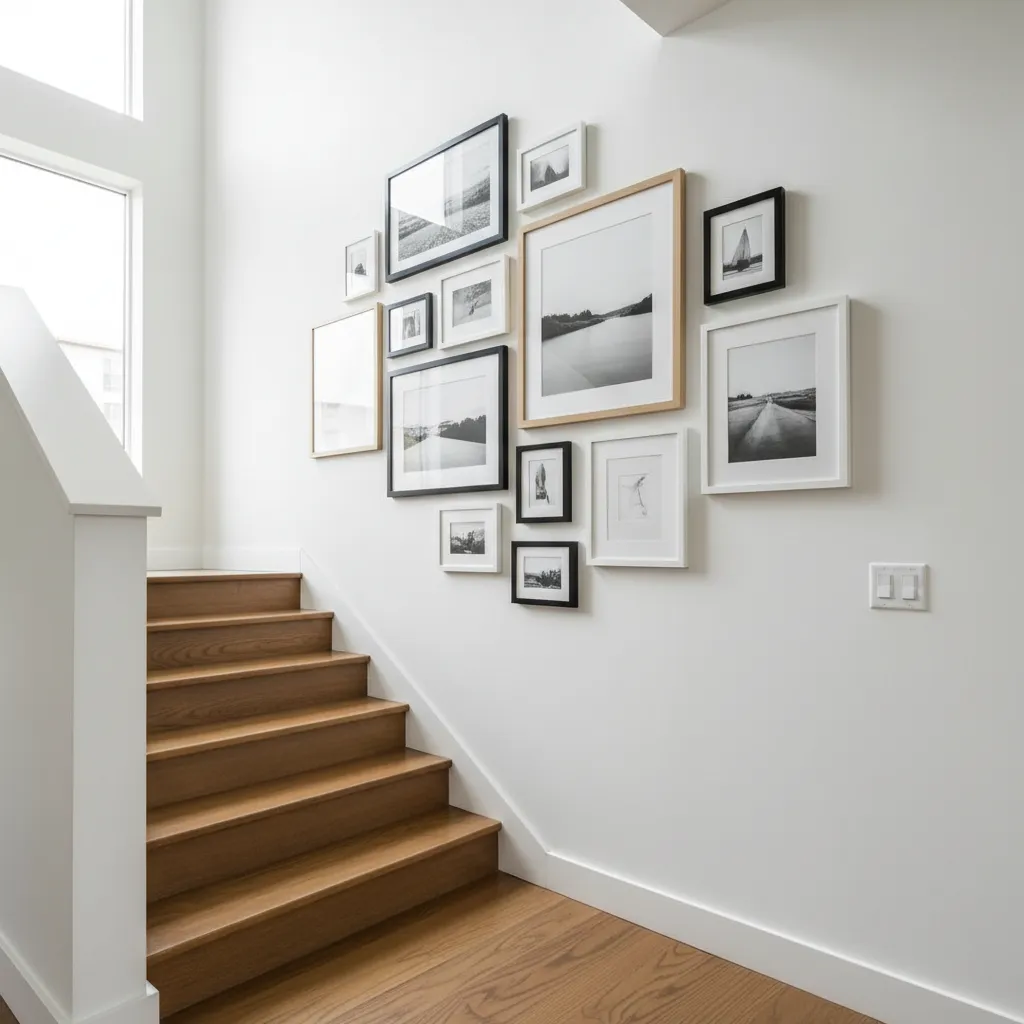 Example of misaligned staircase gallery wall with uneven frame spacing