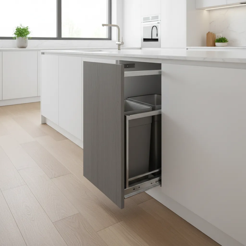 Kitchen cabinet trash pull out with slightly misaligned cabinet door