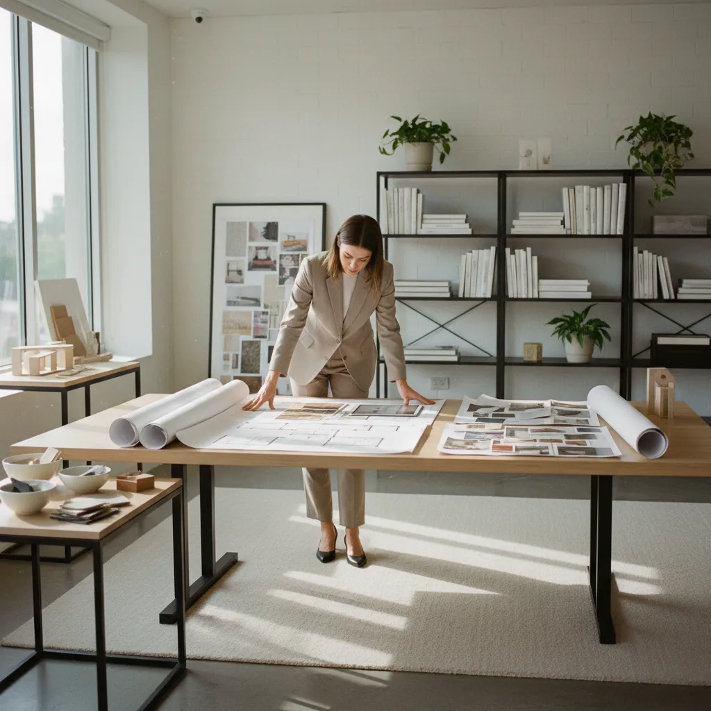 Professional woman stands at a wooden table reviewing floor plans and room interior design drawings