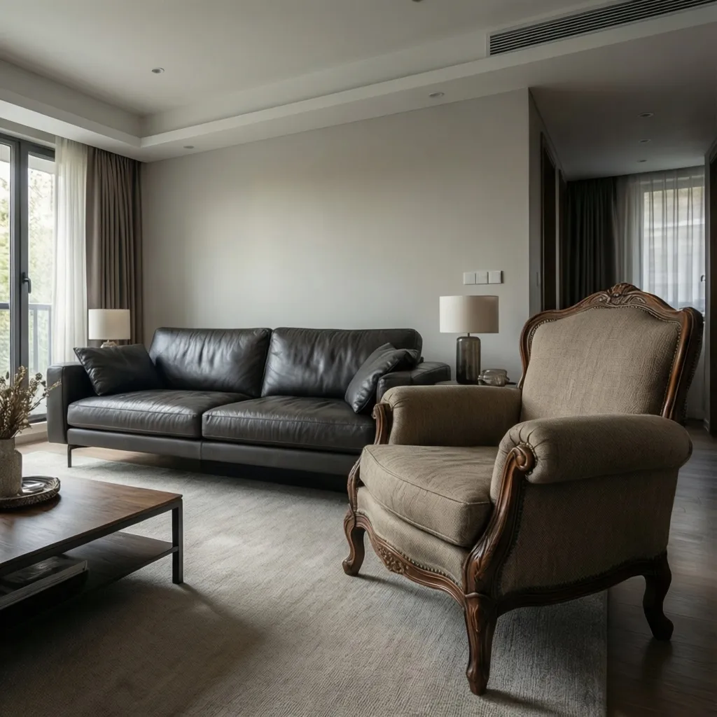 living room with modern leather sofa and traditional fabric chair showing style mismatch
