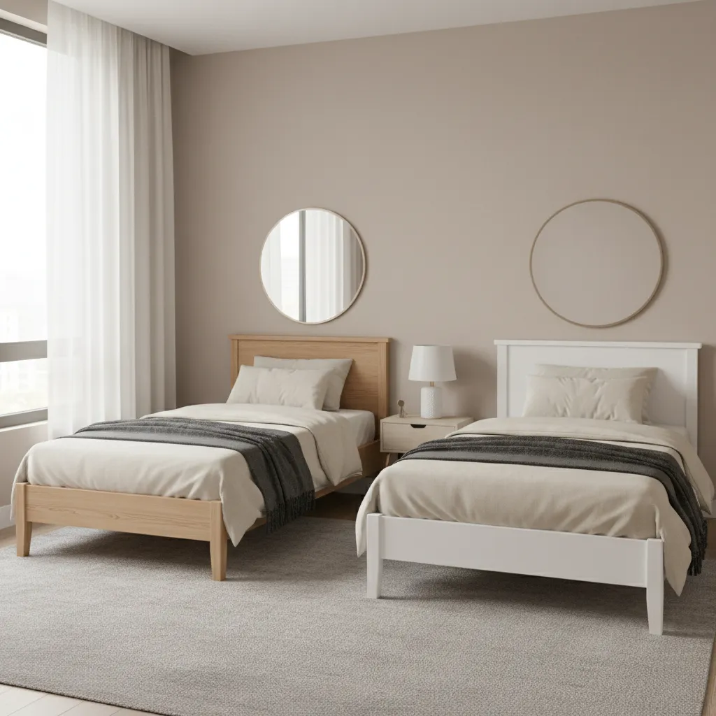 Twin bedroom with two different bed frame colors showing a color mismatch problem