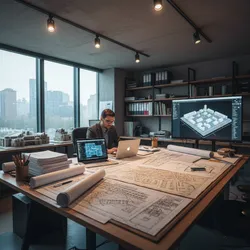 Professional designer working at large desk with interior design drawings laptops and monitor in office