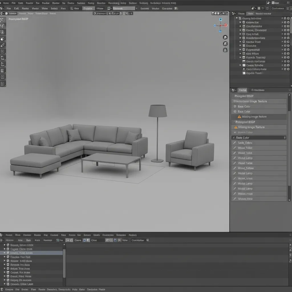 3D model in Blender viewport showing missing texture gray material