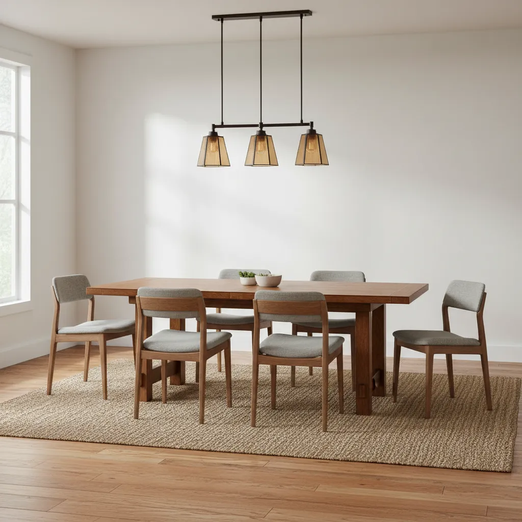 Mission style pendant lighting in a modern craftsman dining space