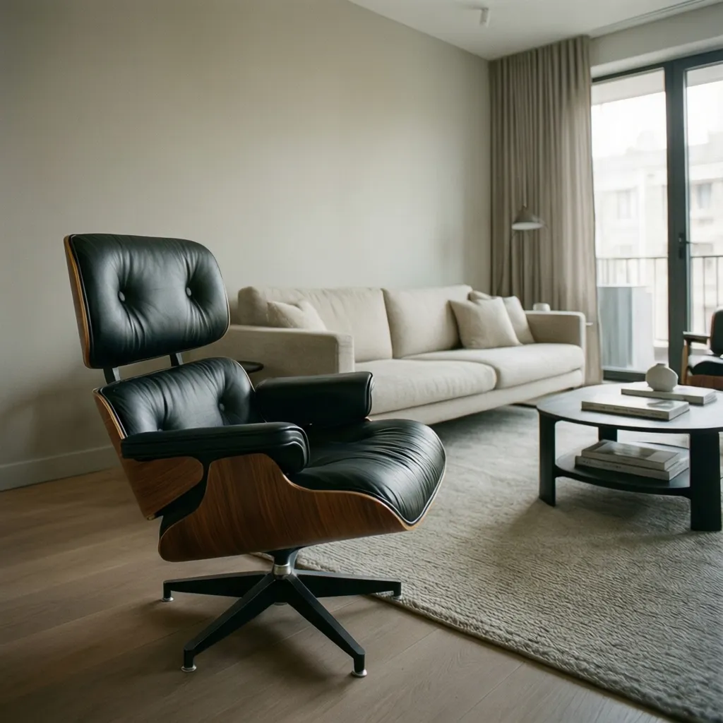 Salón que mezcla una pieza de diseño con mobiliario neutro