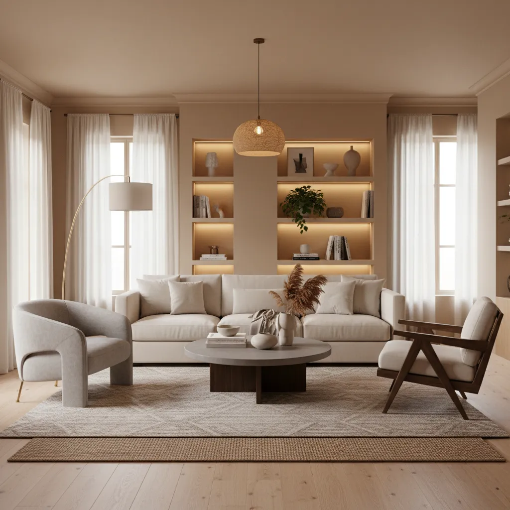 Living room with mixed accent chair styles and balanced seating layout