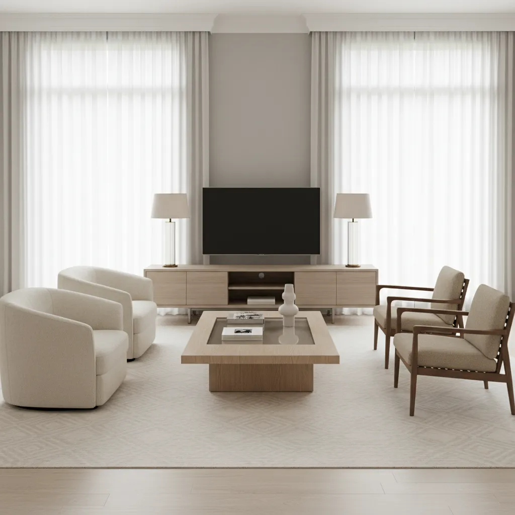 Living room with two pairs of different accent chairs arranged in a conversation seating layout
