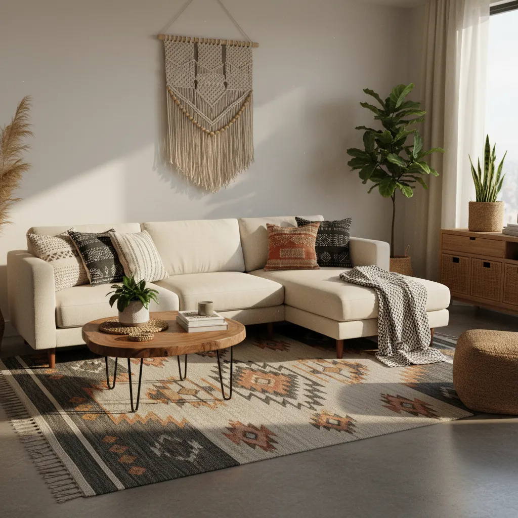 living room combining aztec rug with tribal textured decor and wood furniture