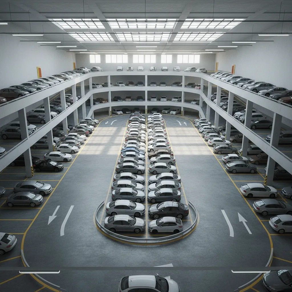mixed underground parking layout combining perpendicular angled and parallel spaces