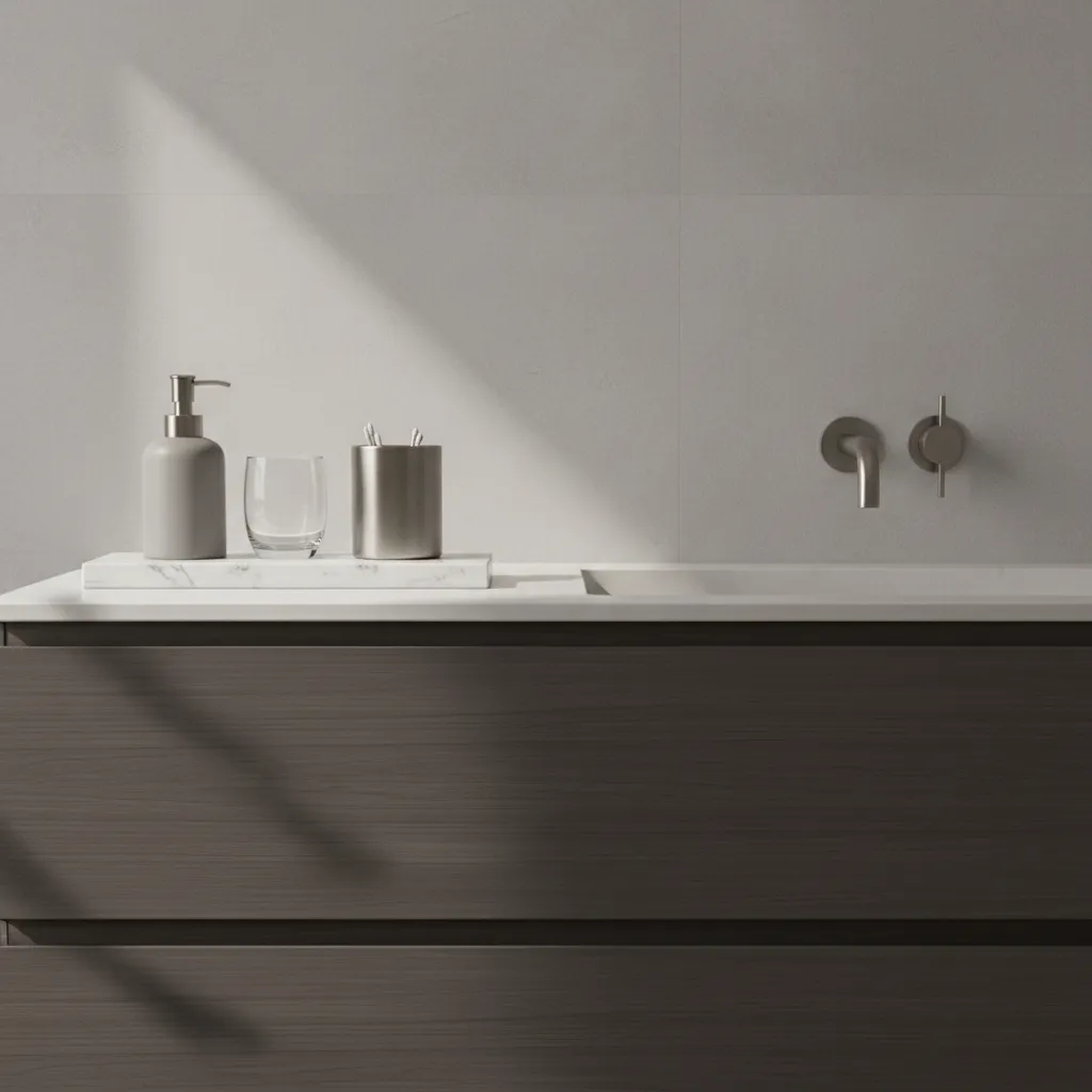 Bathroom vanity styled with mixed materials including stone tray ceramic dispenser and glass tumbler