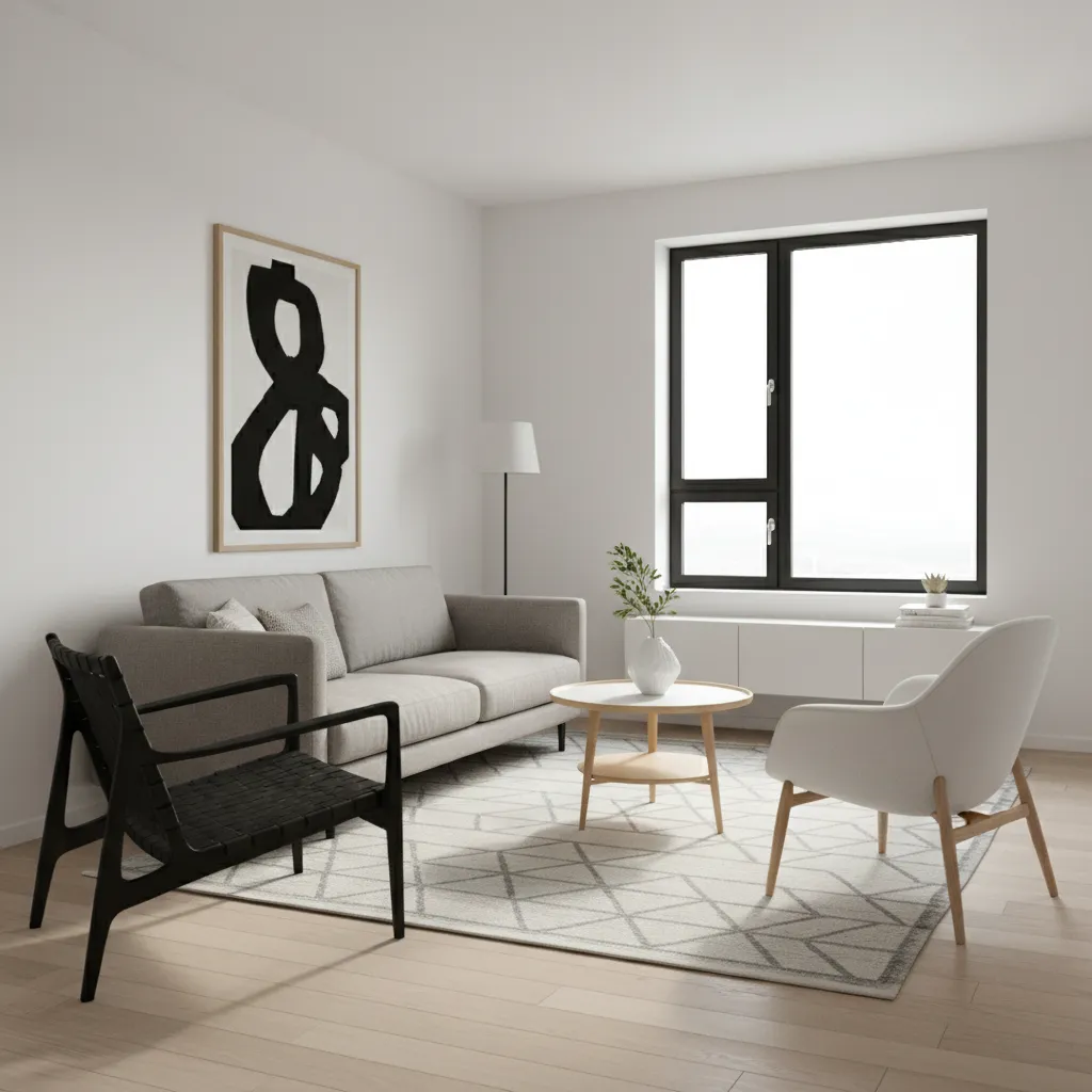 Small living room using both black and white accent chairs for balanced contrast
