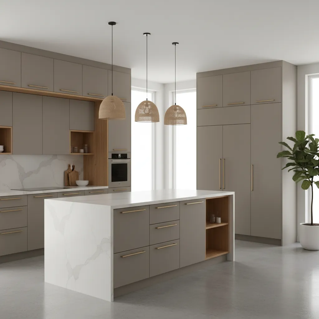 Modern kitchen using edge pulls on upper cabinets and bar pulls on lower drawers