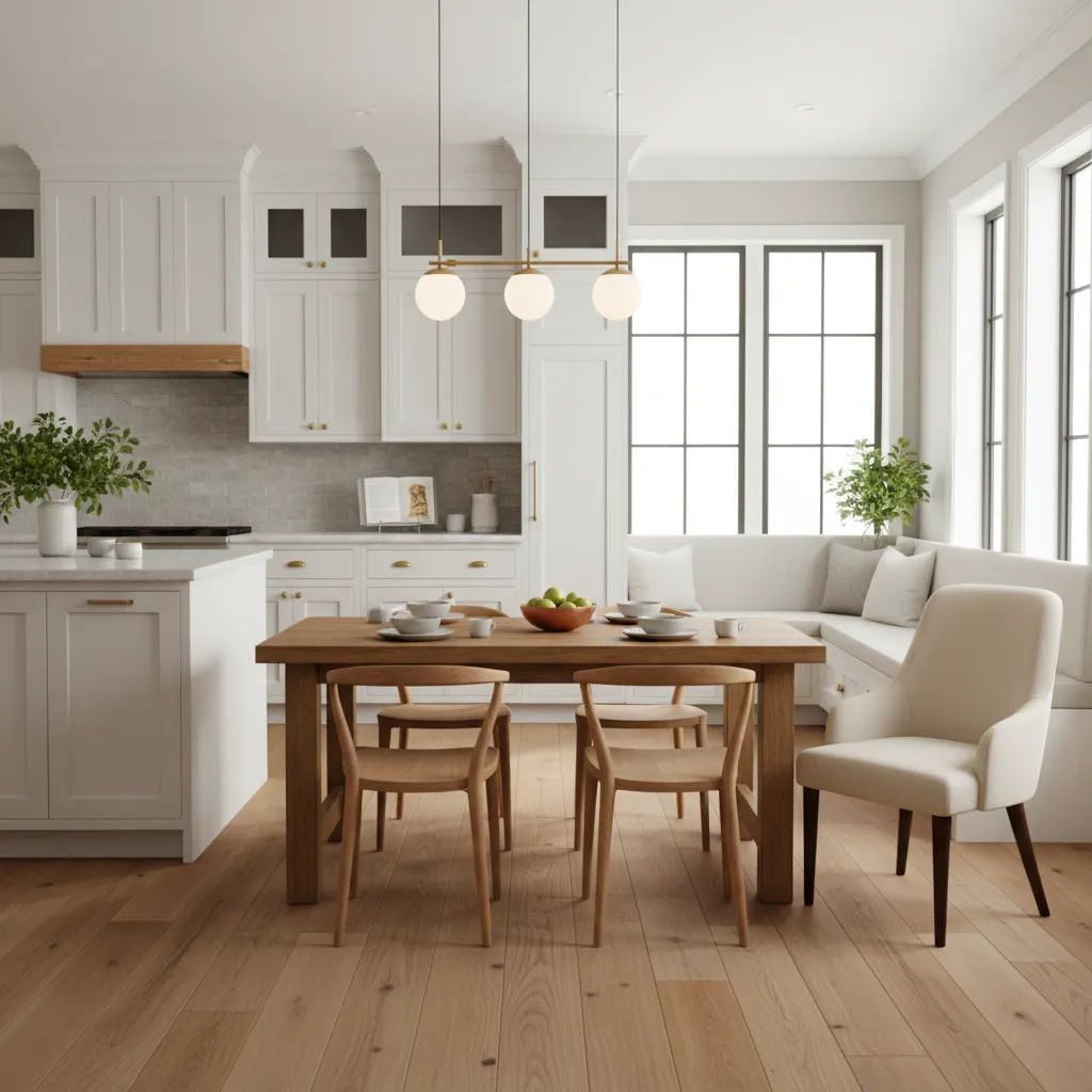 Butcher block dining table with mixed wood and upholstered chairs