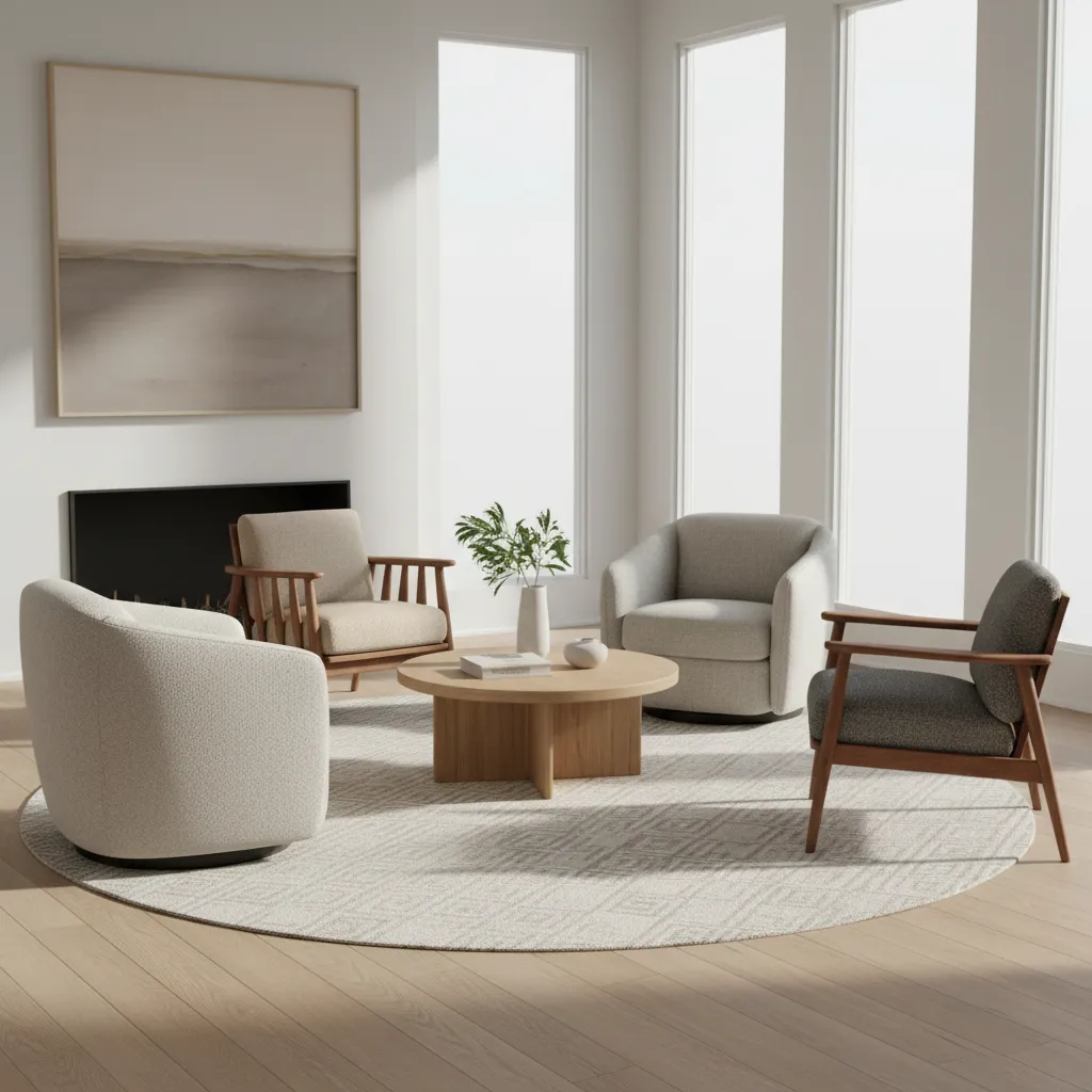 living room showing mixed chair styles arranged in a four chair seating layout