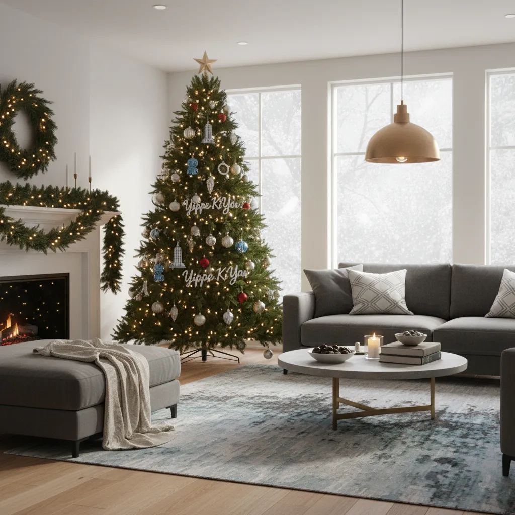 Living room combining traditional Christmas decorations with subtle Die Hard themed ornaments